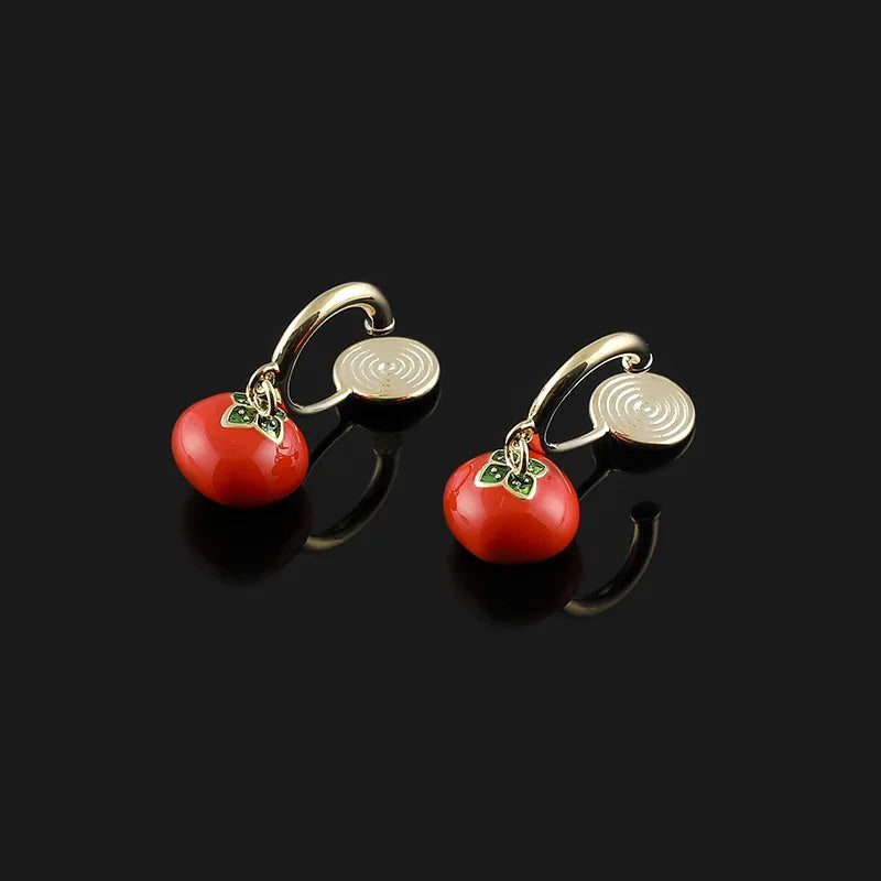 Vintage Chinese Persimmon Fruit Enamel Alloy Dangle Hoop Stud & Clip On No Piercing Earrings