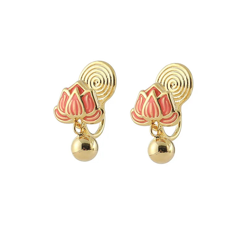Elegant Enamel Lotus Flower Alloy Stud & Clip On No Piercing Gold Bead New Chinese Style Earrings