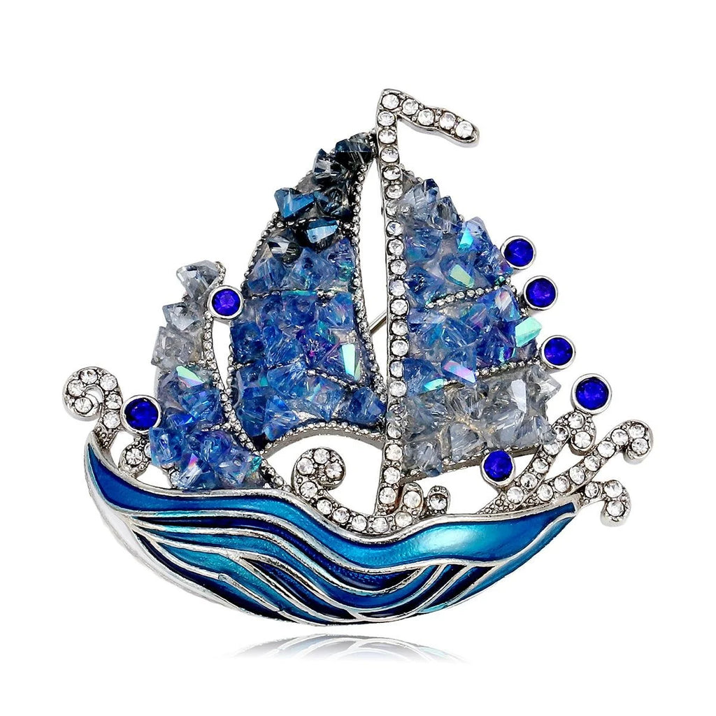 Luxury Blue Enamel Sailboat Brooch With Crystal Rhinestone Sails, Elegant Lapel Pin Corsage Gift