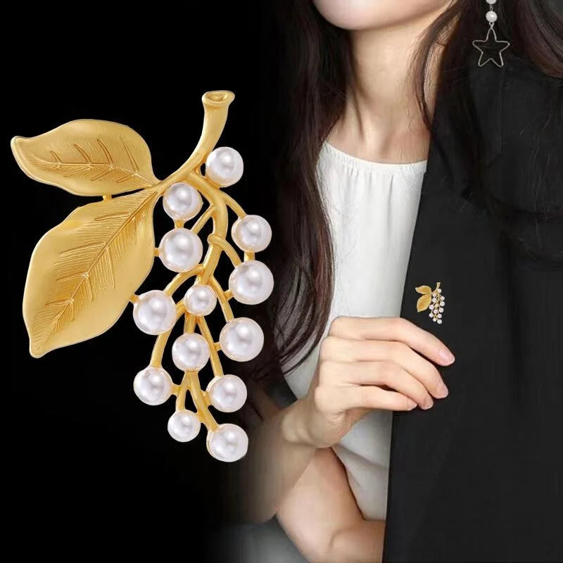 Luxury Matte Gold Alloy Grape Vine Brooch With Faux Pearl Clusters, Elegant Lapel Pin Suit Accessory Gift