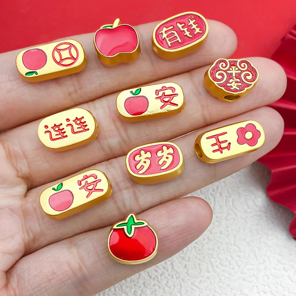 Matte Gold Enamel Zinc Alloy Peace Xi Money Good Luck large hole spacer beads for bracelets