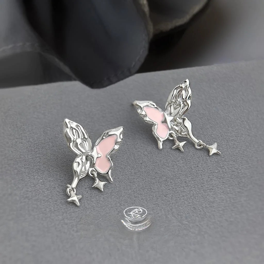 Sweet Cool Pink Enamel Butterfly Drop Earrings, Copper Liquid Texture Star Design