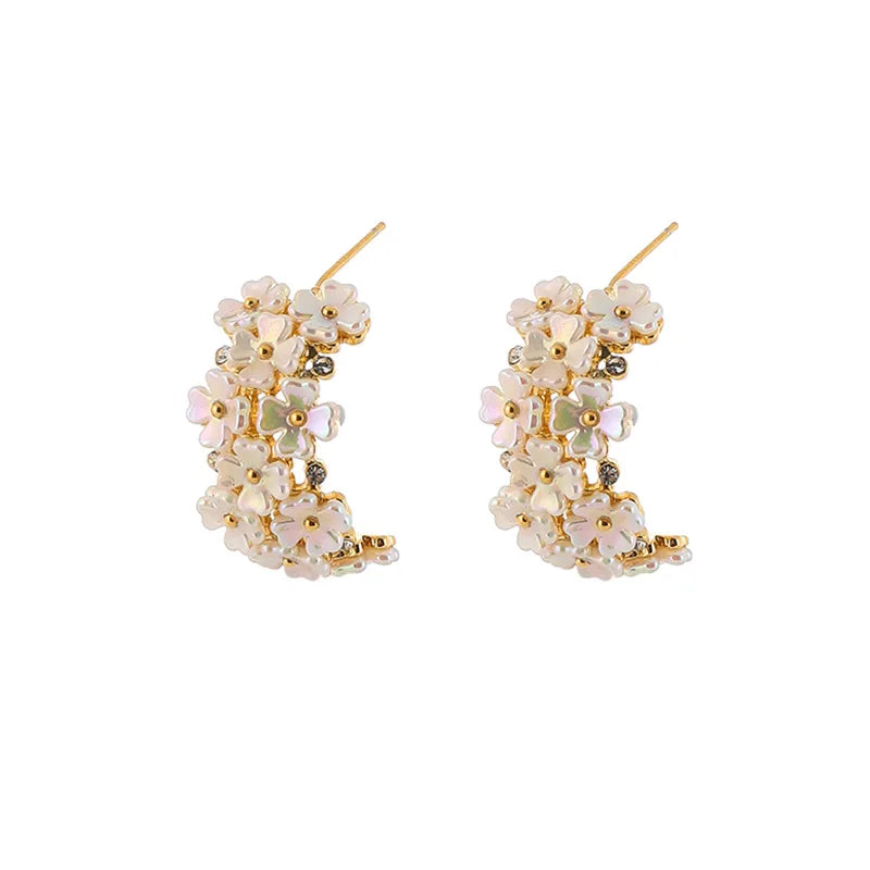 Elegant Pearl Flower C Hoop Stud & Clip On No Piercing Rhinestone Spiral Gold Alloy Earrings