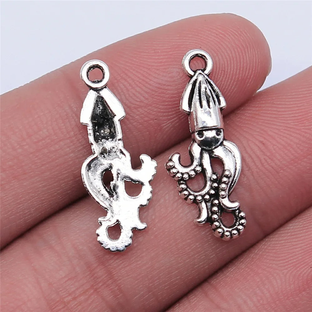 24x10mm 0.75g Antique Silver Zinc Alloy Squid Charm Pendant for DIY Ocean Animal Jewelry Making
