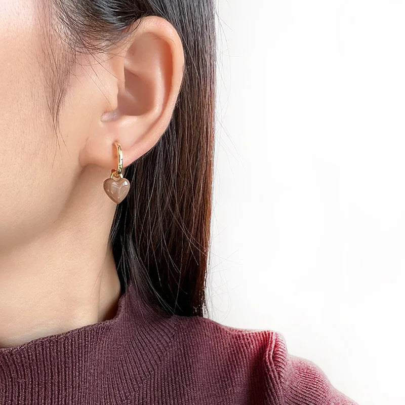Elegant Coffee Brown Enamel Heart Charm Gold Alloy Stud & Clip On No Piercing Hoop Drop Earrings