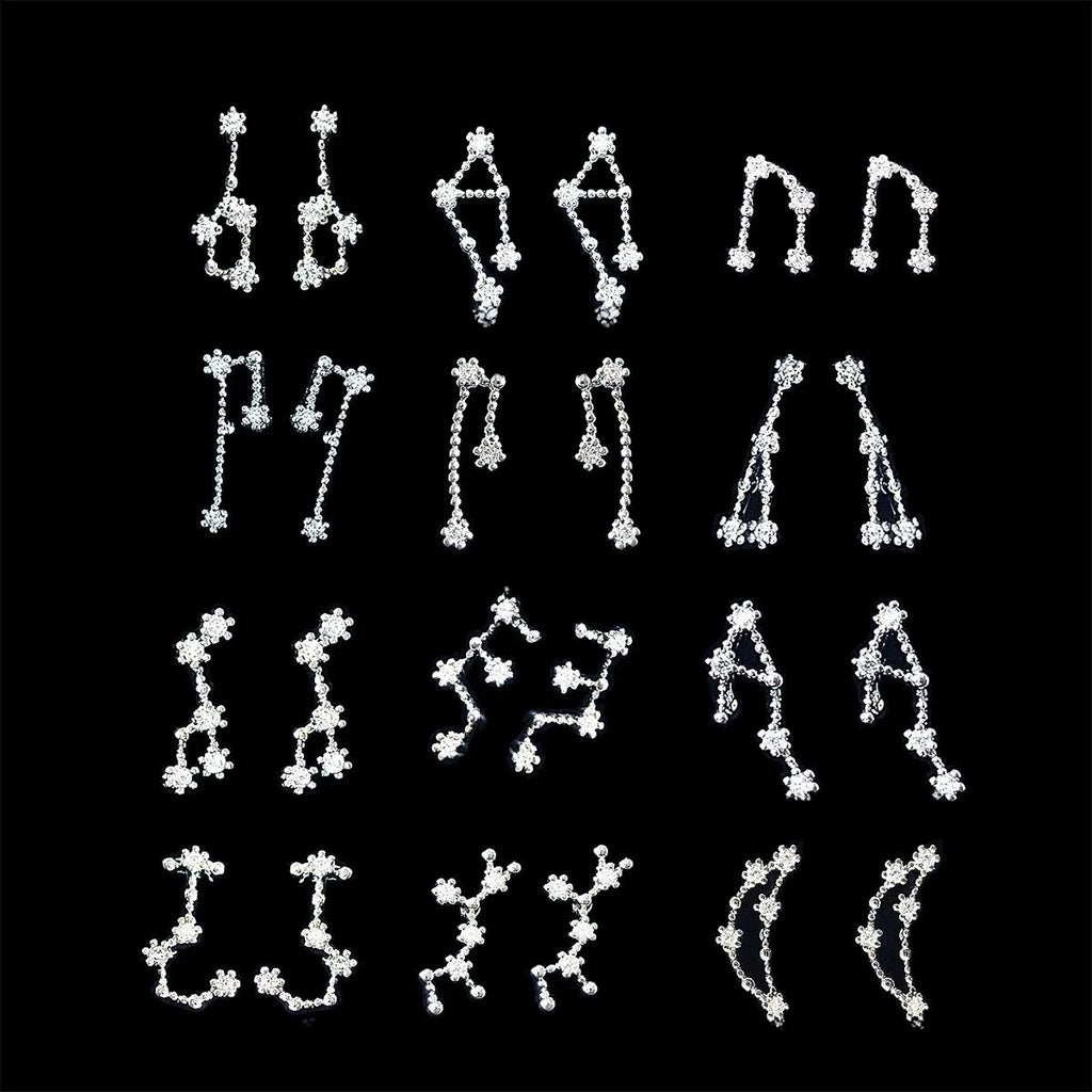 Mini Zircon Pave 12 Zodiac Stud Earrings, Silver Plated Copper Constellation Jewelry
