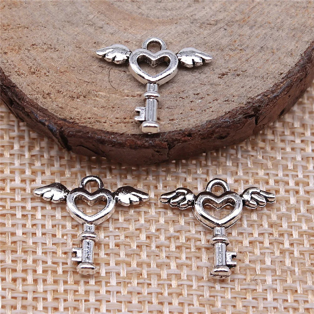 15x14mm 0.6g Multicolor Zinc Alloy Winged Heart Key Wing charm pendant for DIY necklace making