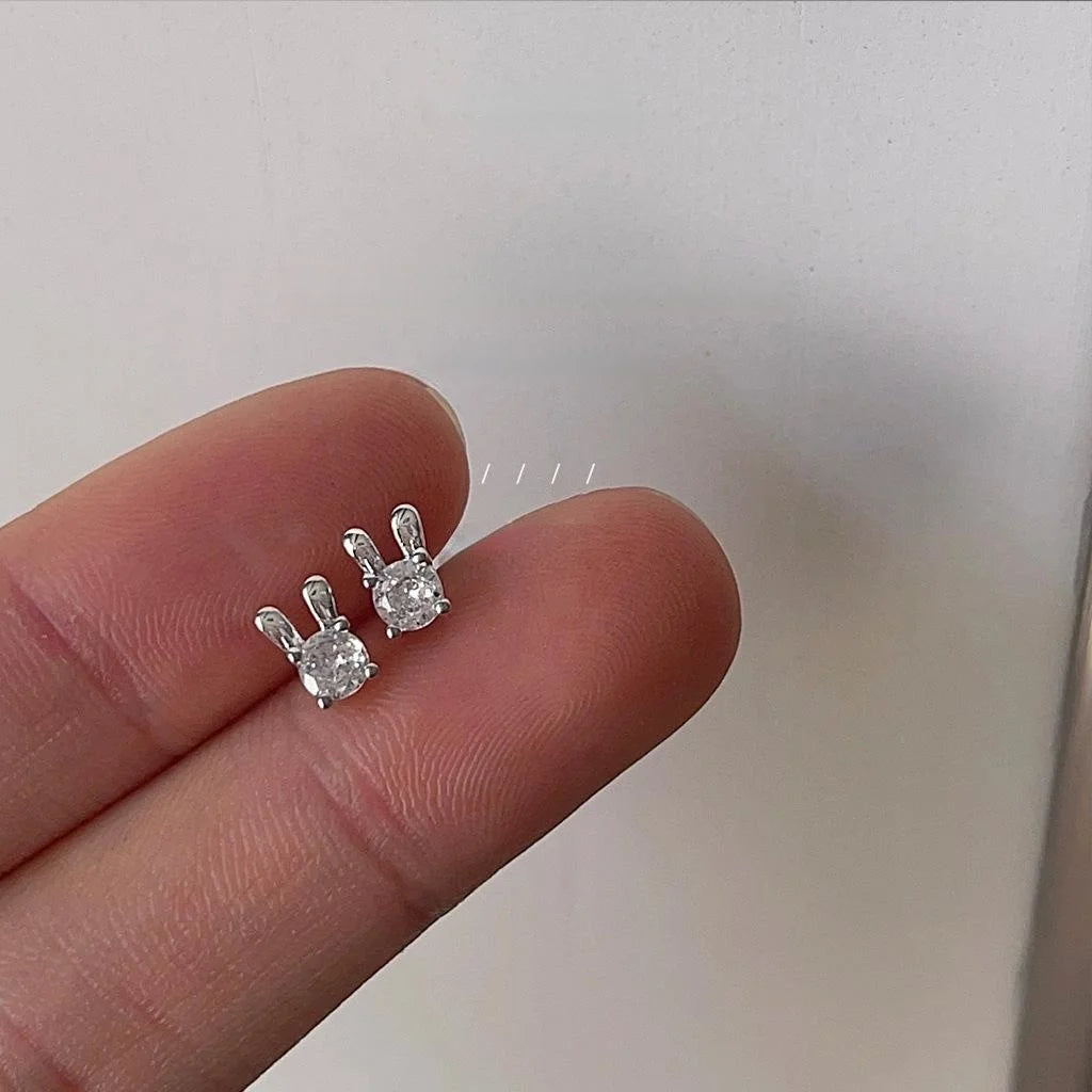 Micro Pave Zircon Mini Rabbit Stud Earrings Silver Tone Copper Minimalist Daily Jewelry