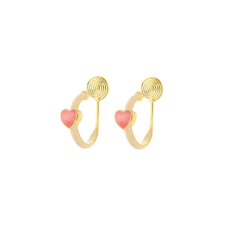 Elegant Pink Enamel Heart Spiral Hoop Alloy Stud & Clip On No Piercing Minimalist Circle Earrings