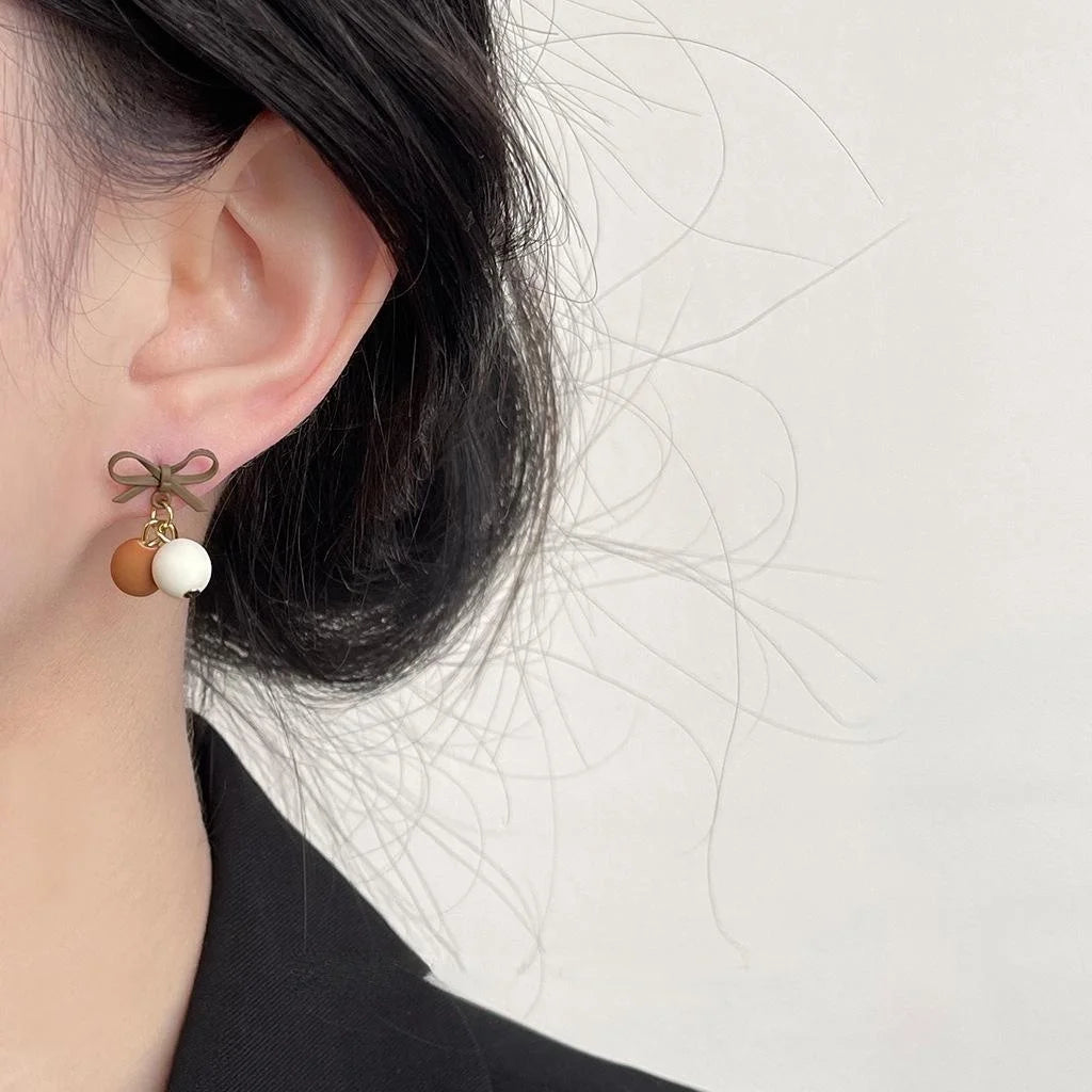 Maillard Brown Bow Cherry Drop Earrings Copper Sweet Autumn Winter Jewelry