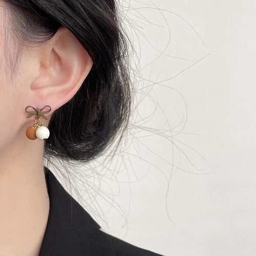 Maillard Brown Bow Cherry Drop Earrings Copper Sweet Autumn Winter Jewelry