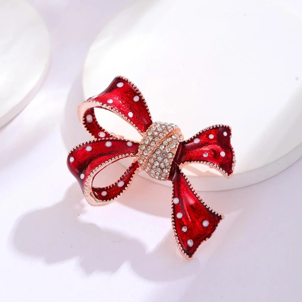 Elegant Red Enamel Bow Brooch With Rhinestone Center, Women's Lapel Pin Scarf Clip Suit Accessory Gift