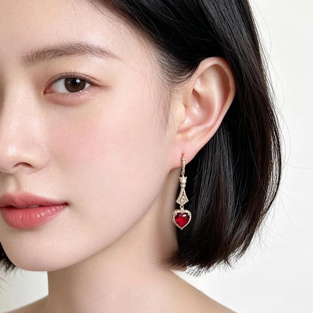French Vintage Copper Zircon Burgundy Heart Tassel Drop Earrings For Women