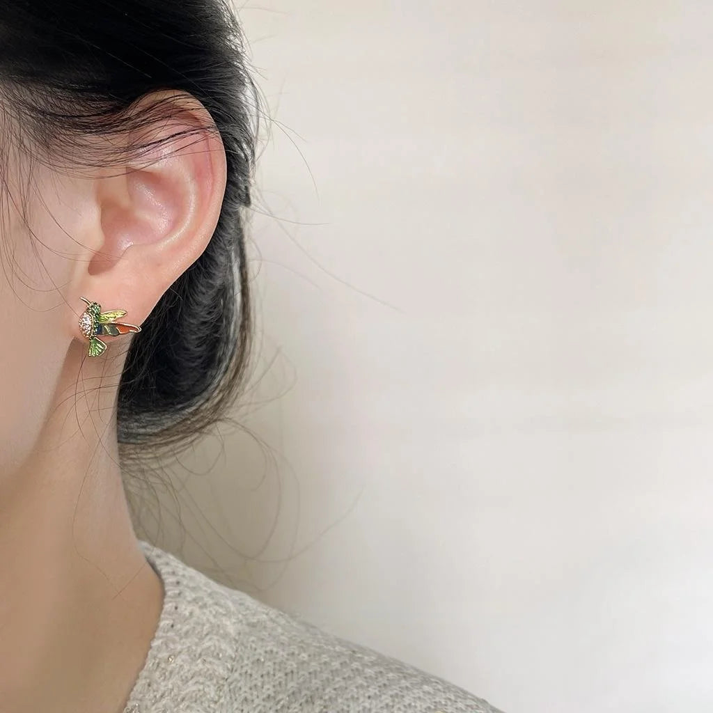 14K Gold Plated Copper Hummingbird Stud Earrings Colorful Enamel Micro Pave Zircon New Chinese Jewelry