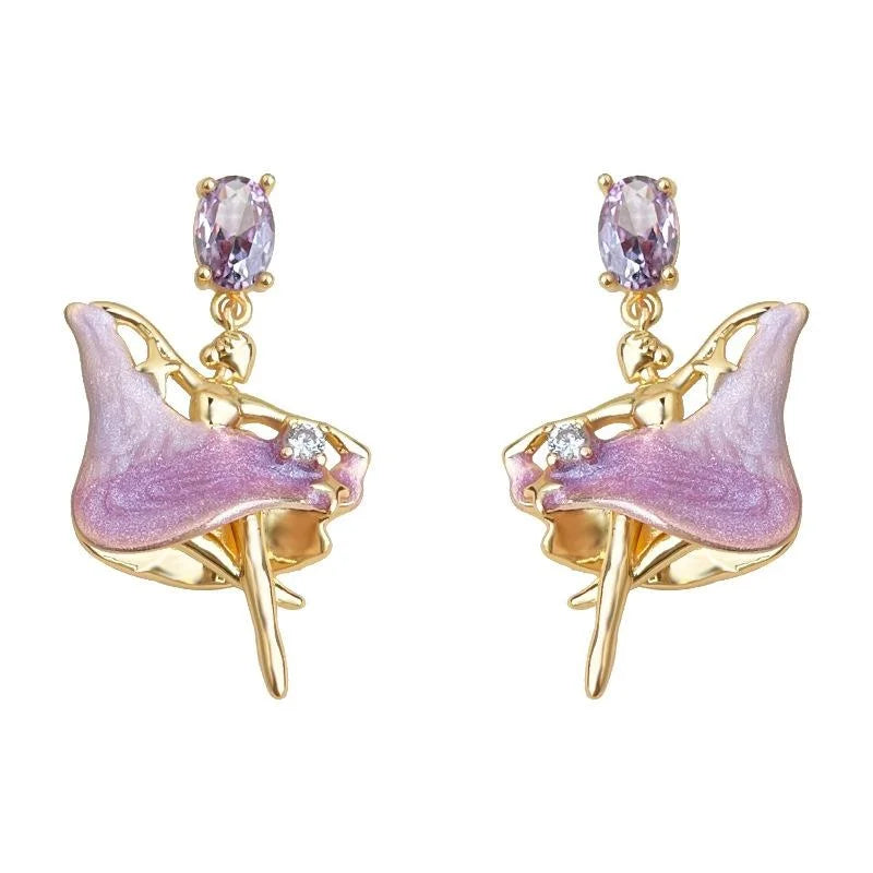 Sweet Enamel Ballet Girl Drop Earrings With Zircon Silver Plated Copper Gradient Doll Design