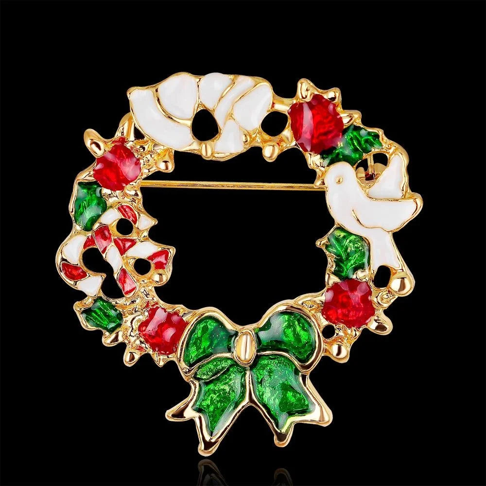 Elegant Christmas Wreath Enamel Alloy Rhinestone Brooch For Women, Festive Lapel Pin Corsage Gift