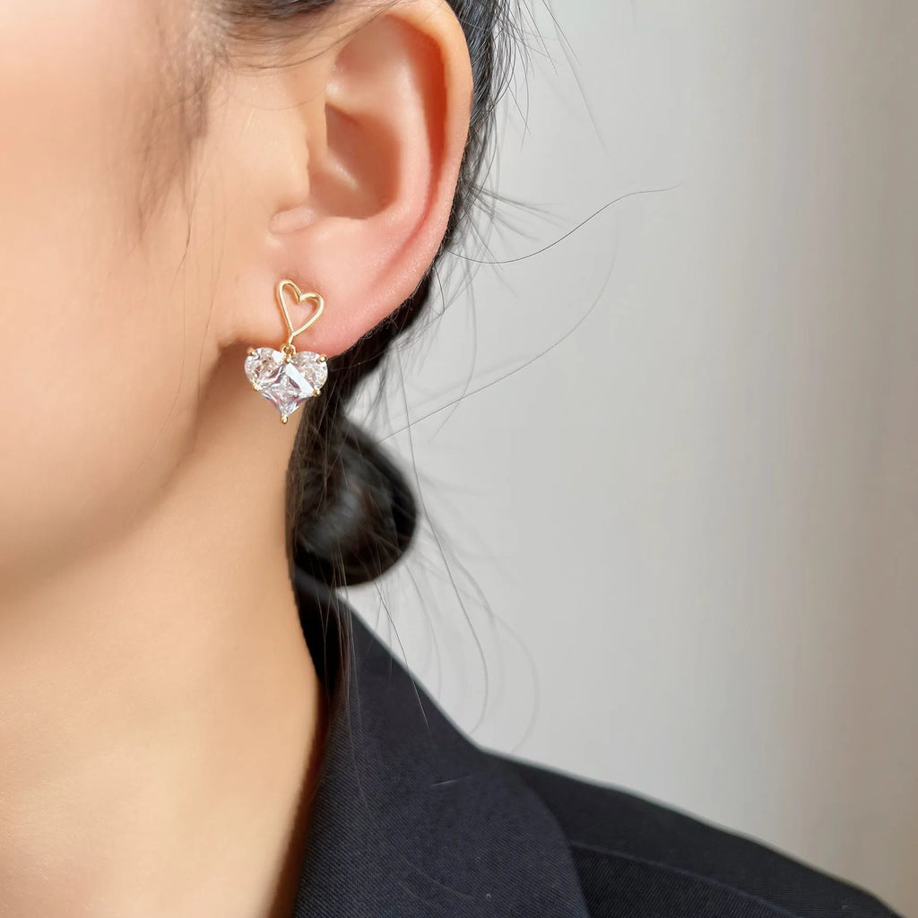 Elegant Heart Zircon Alloy Spiral Stud & Clip On No Piercing Gold Plated Fashion Jewelry Earrings