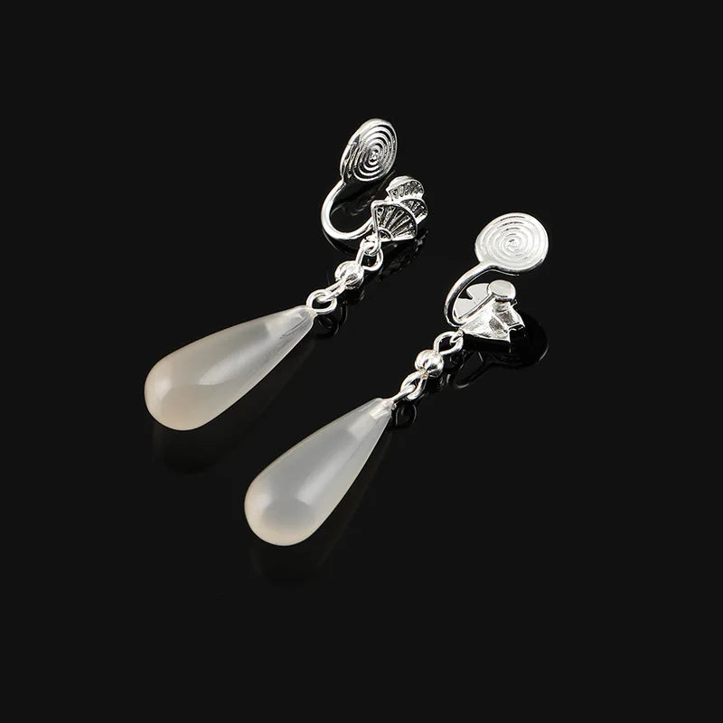 Vintage Chinese Fan Spiral Natural Agate Teardrop Dangle Stud & Clip On No Piercing Earrings