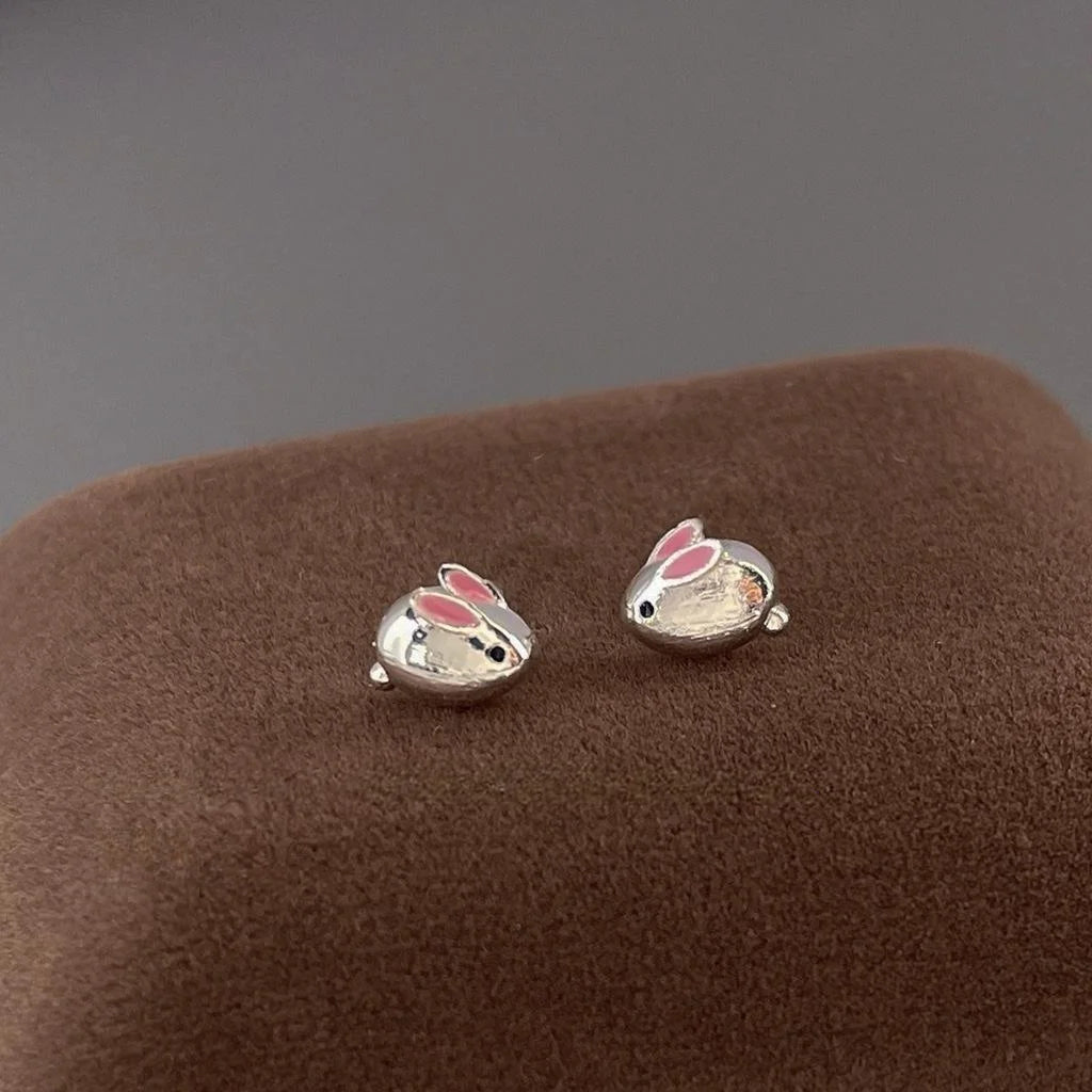 Sweet Cool Moon Rabbit Stud Earrings Copper Mini 3D Animal Jewelry