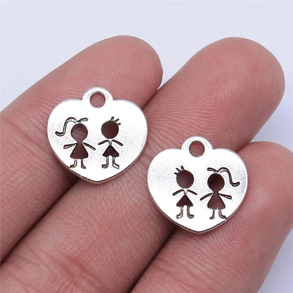 15x15mm 1.1g Antique Silver Zinc Alloy Heart Boy Girl Charm Pendant for DIY Bracelet Jewelry Making