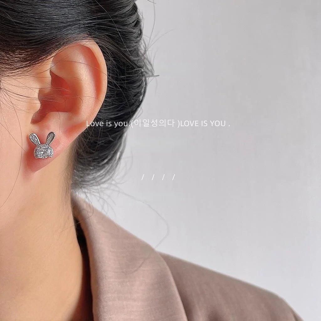 Cute Rabbit Micro Pave Zircon Copper Stud Earrings Simple Sweet Animal Design Jewelry