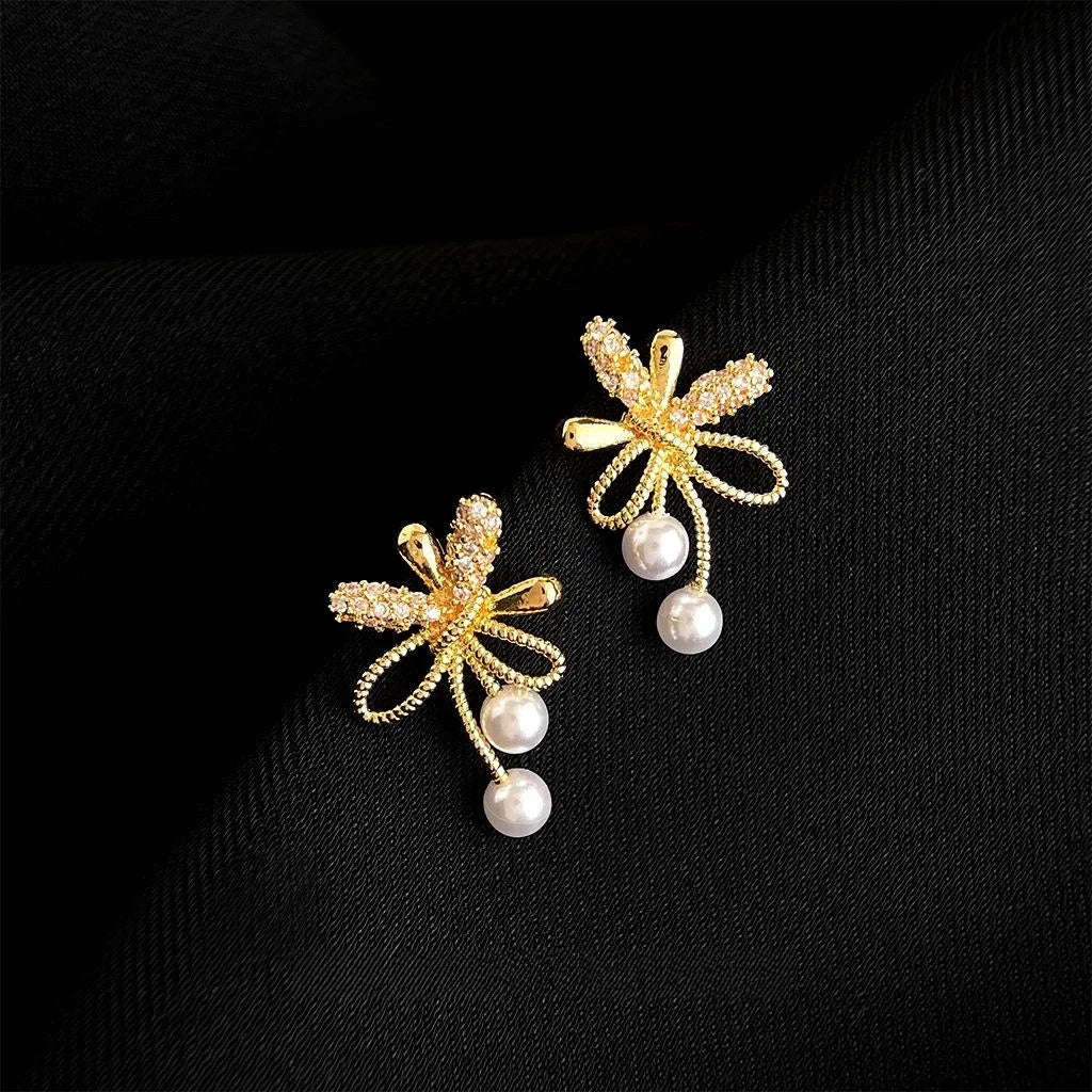 14K Plated Copper Firework Bow Stud Earrings With Pearl Zircon Micro Pave Elegant Office Jewelry
