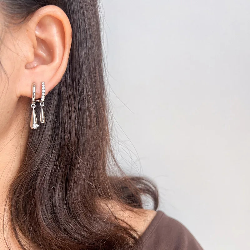 Elegant Zircon Double Hoop Teardrop Dangle Stud & Clip On No Piercing Silver Needle Fashion Earrings