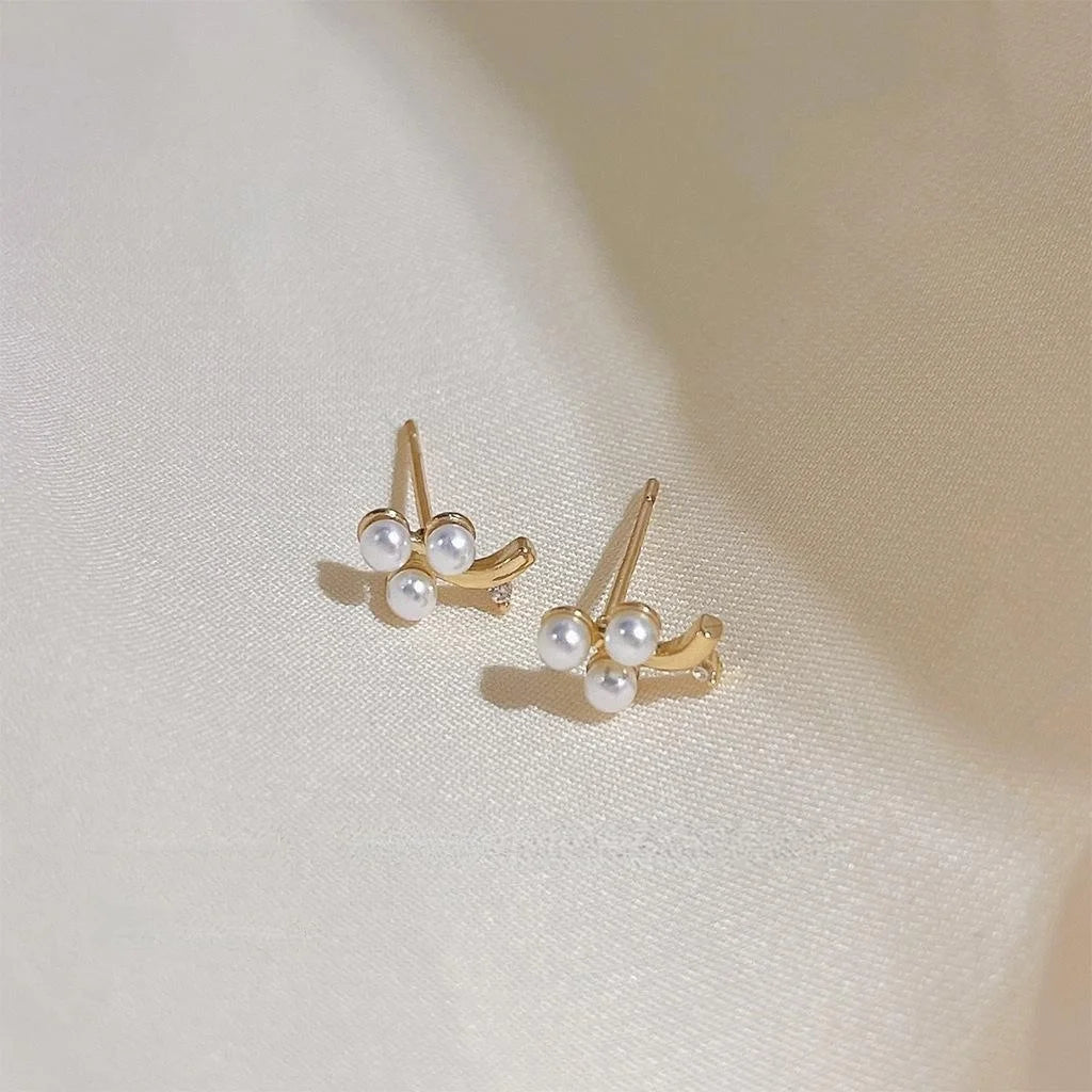 French Vintage Copper Pearl Grape Cluster Stud Earrings With Micro Pave Zircon Flower