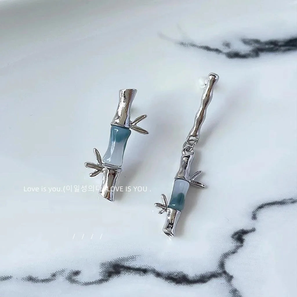 New Chinese Copper Asymmetric Bamboo Leaf Stud Earrings, Geometric Bamboo Joint Minimalist Style