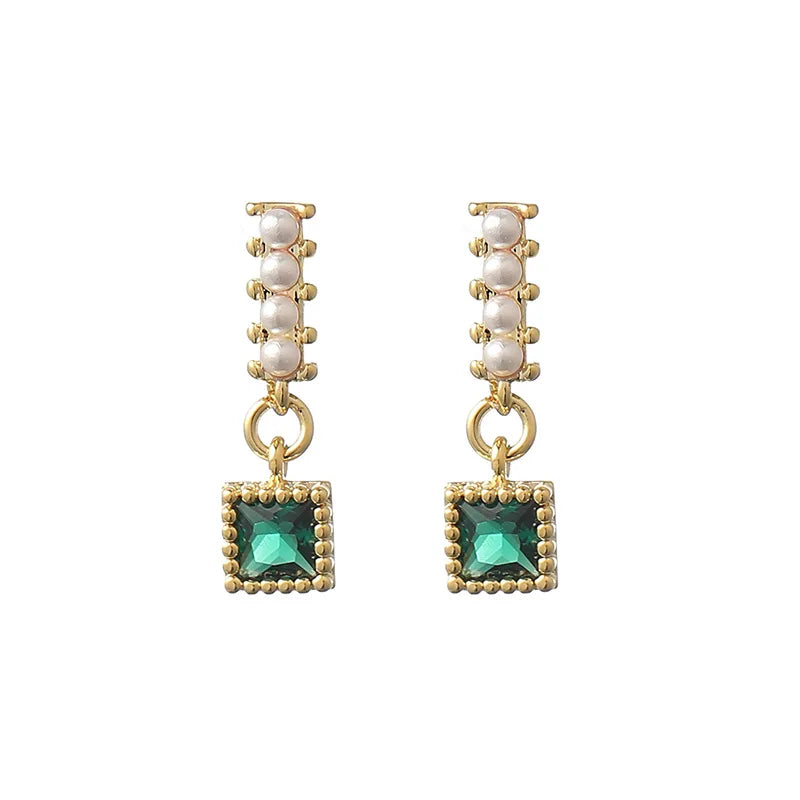 Elegant Gold Alloy Spiral Pearl Square Emerald Zircon Drop Stud & Clip On No Piercing Earrings