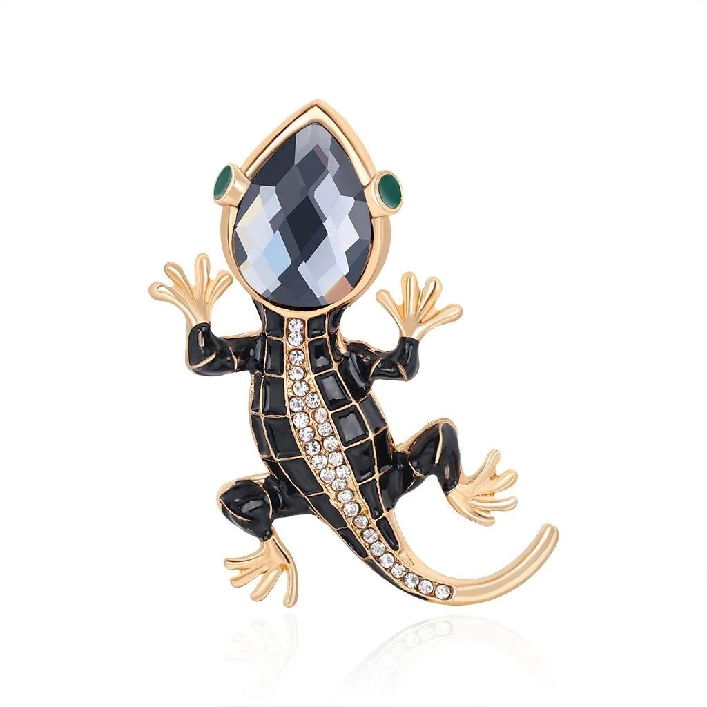 Luxury Black Enamel Gecko Lizard Brooch With Rhinestones, Alloy Animal Lapel Pin Suit Accessory Gift