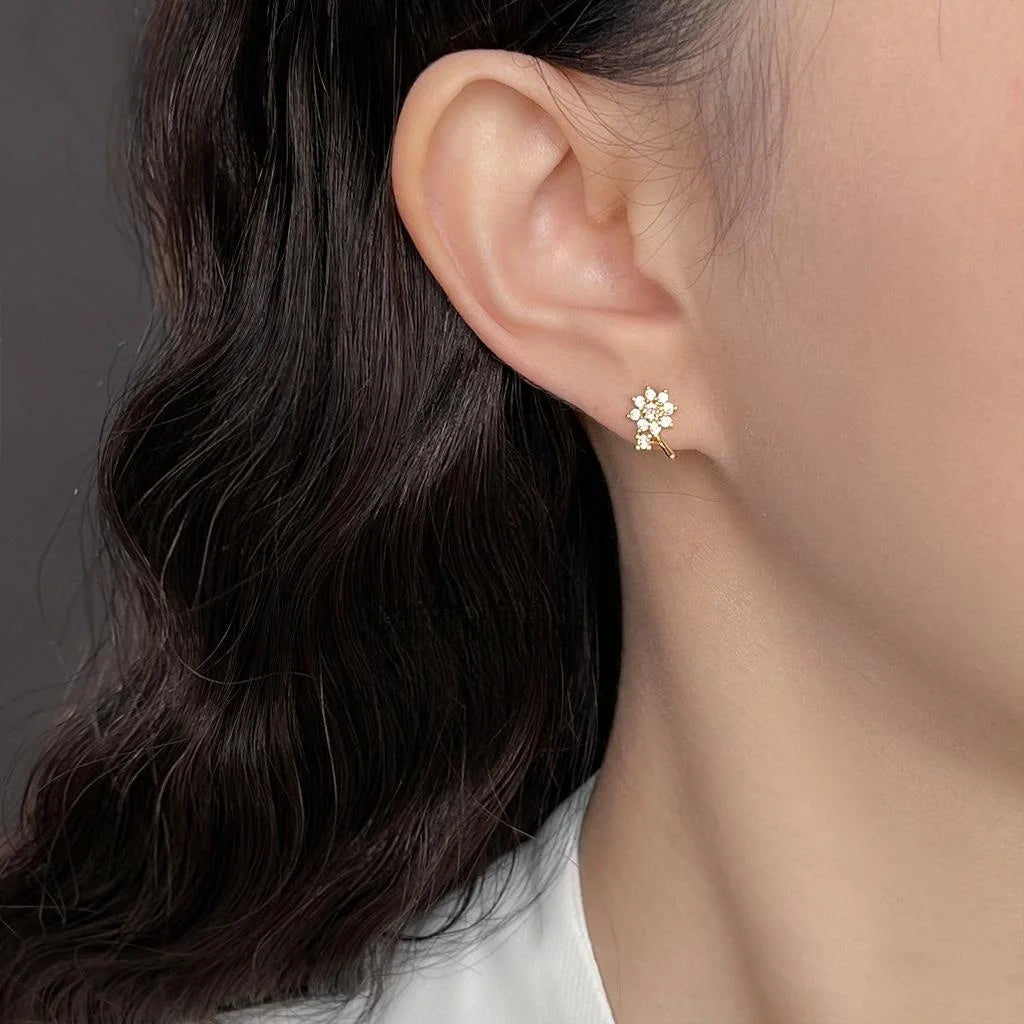 14K Plated Copper Micro Pave Zircon Flower Stud Earrings, Petite Chic Floral Petal Jewelry