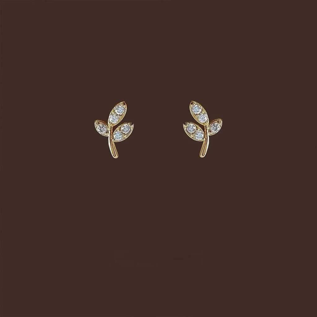 Minimalist Copper Micro Pave Zircon Olive Branch Leaf Stud Earrings For Women