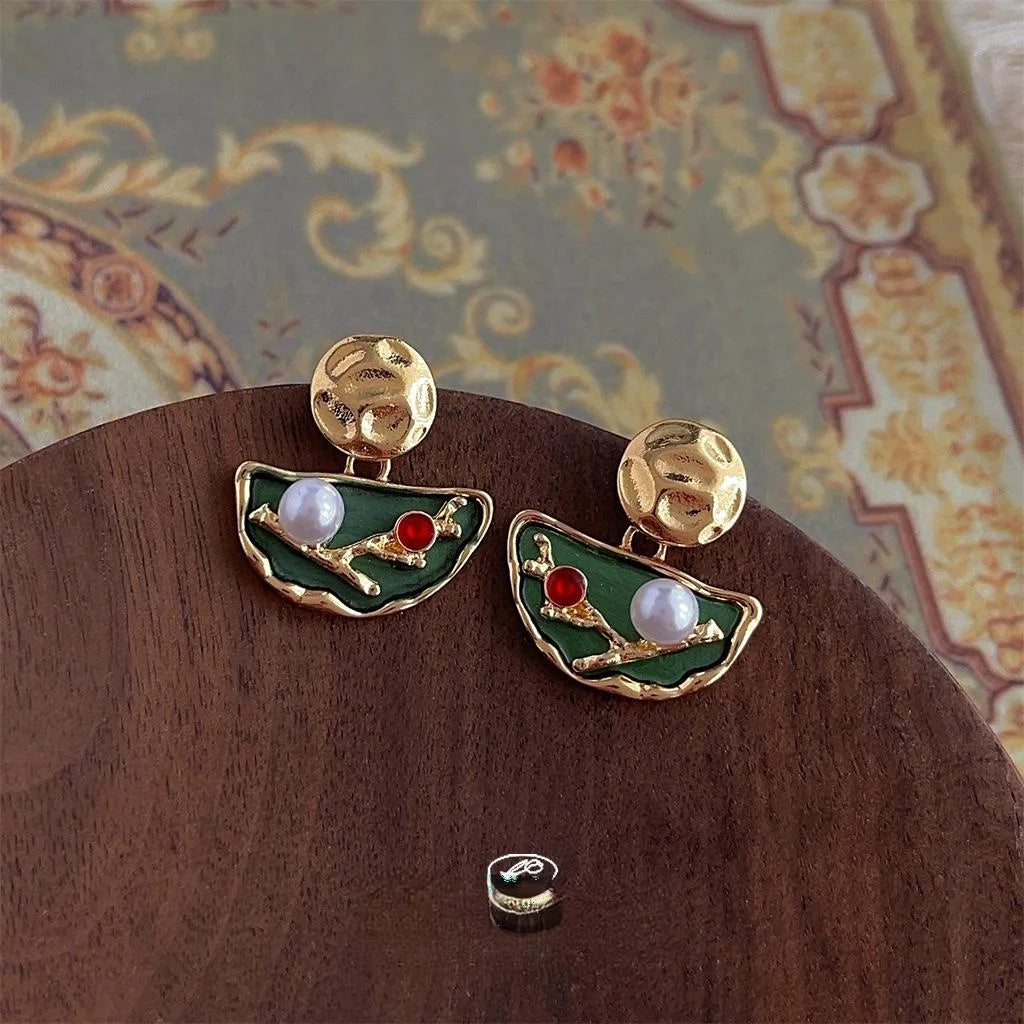 14K Gold Plated High Luster Pearl Geometric Round Drop Earrings, French Court New Chinese Style