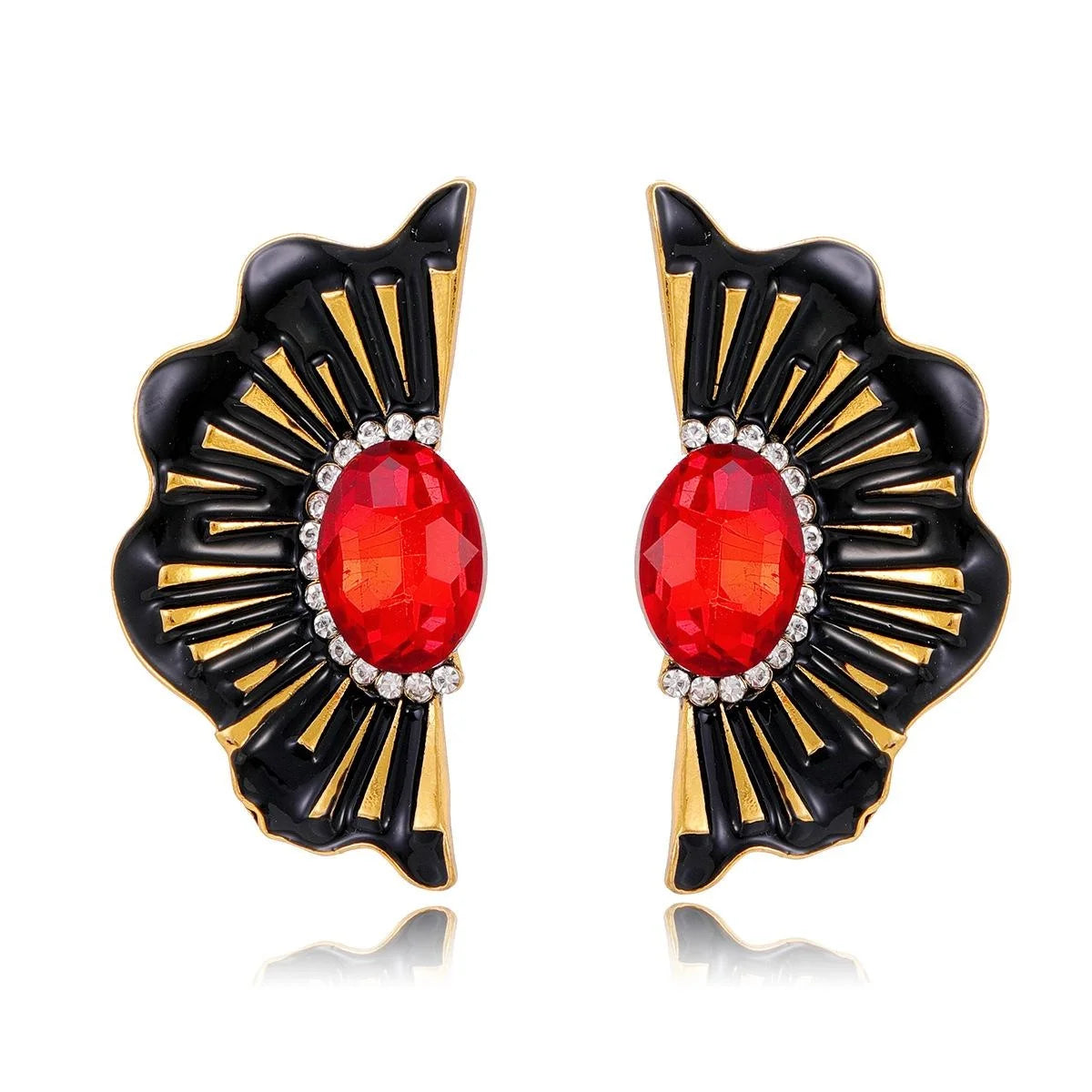Vintage Fan-Shaped Alloy Earrings With Red Crystal Rhinestone, Elegant Luxury Studs For Wedding Party Gift