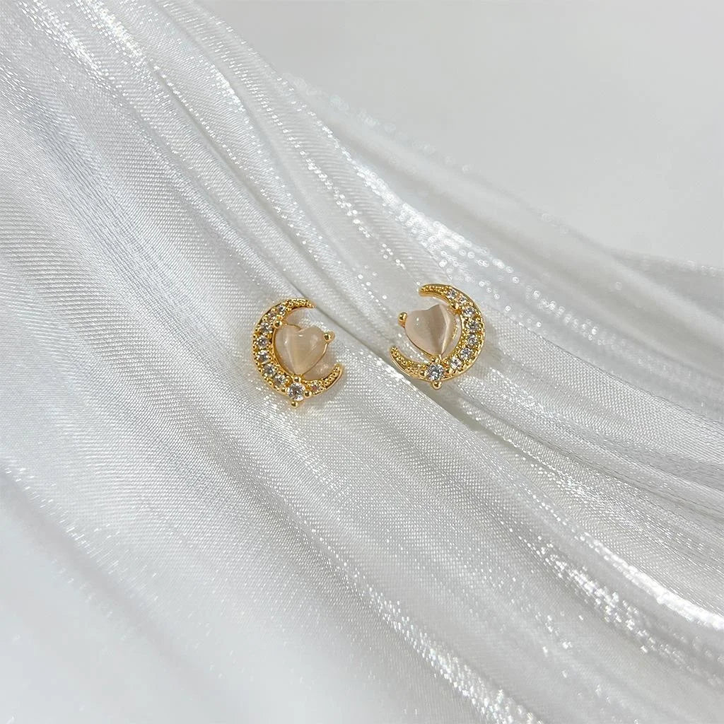 14K Gold Plated Copper Moon Stud Earrings With Zircon And Glass Cat Eye Stone Minimalist Cute Jewelry