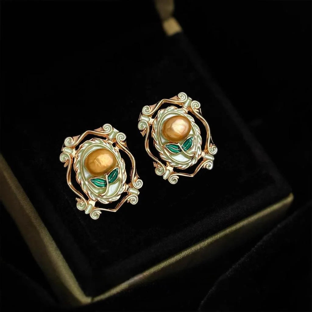 Vintage French Freshwater Pearl Floral Geometric 14K Plated Copper Stud Earrings