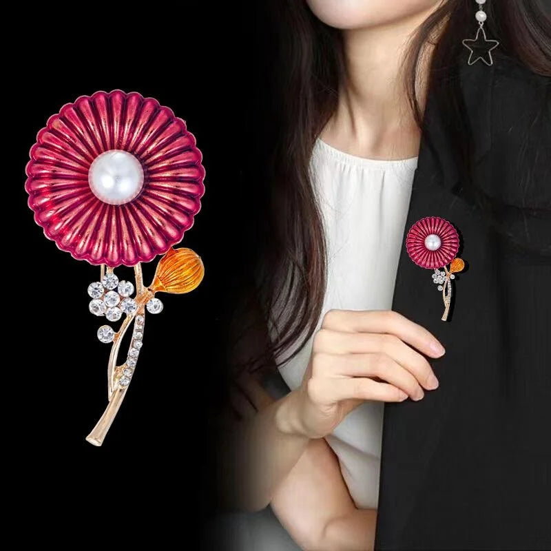 Elegant Red Enamel Daisy Flower Brooch With Pearl Center And Rhinestone Stem, Women's Lapel Pin Gift