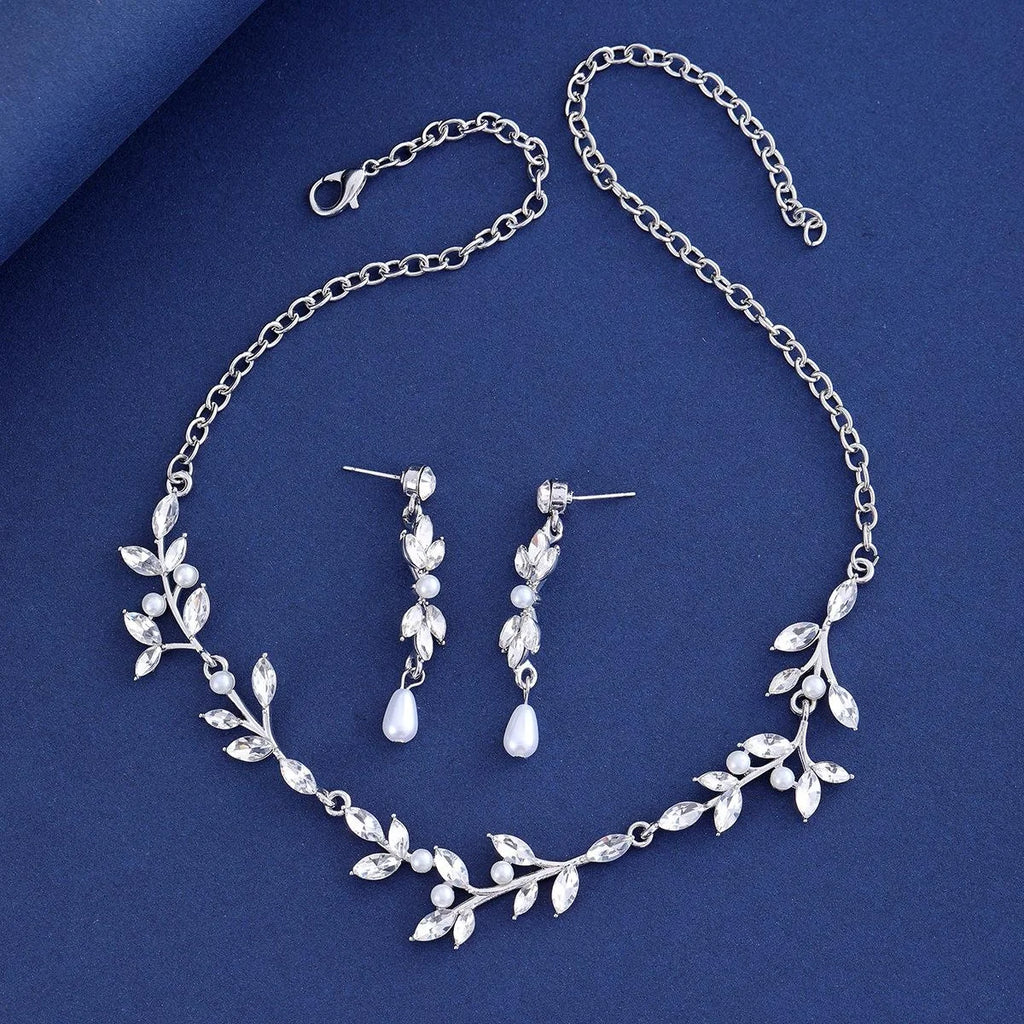 Elegant Bridal Pearl Rhinestone Leaf Necklace Earrings Jewelry Set For Wedding Party Banquet Gift