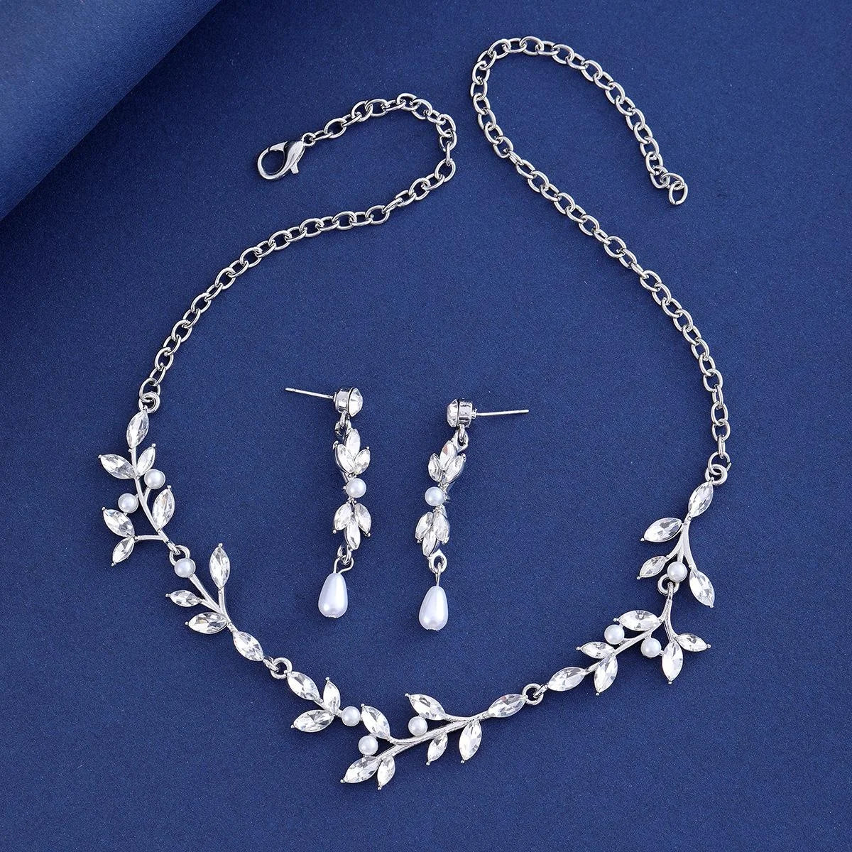 Elegant Bridal Pearl Rhinestone Leaf Necklace Earrings Jewelry Set For Wedding Party Banquet Gift