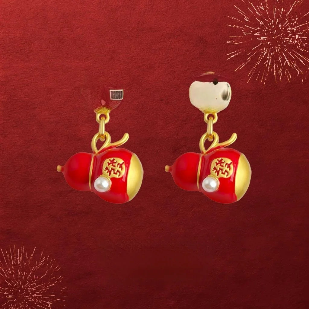 Lucky Red Enamel Gourd Drop Earrings Eco-Friendly Copper New Chinese Ethnic Jewelry