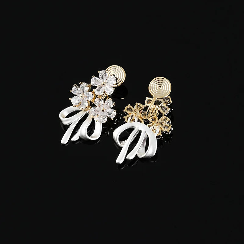 Elegant Sweet Zircon Flower Bowknot Stud & Clip On No Piercing Alloy Bridal Party Earrings