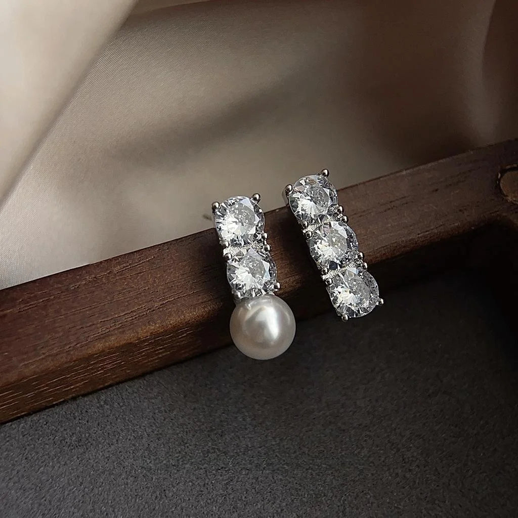 Geometric Asymmetric Glass Pearl Stud Earrings Copper Micro Pave Zircon Minimalist Office Jewelry