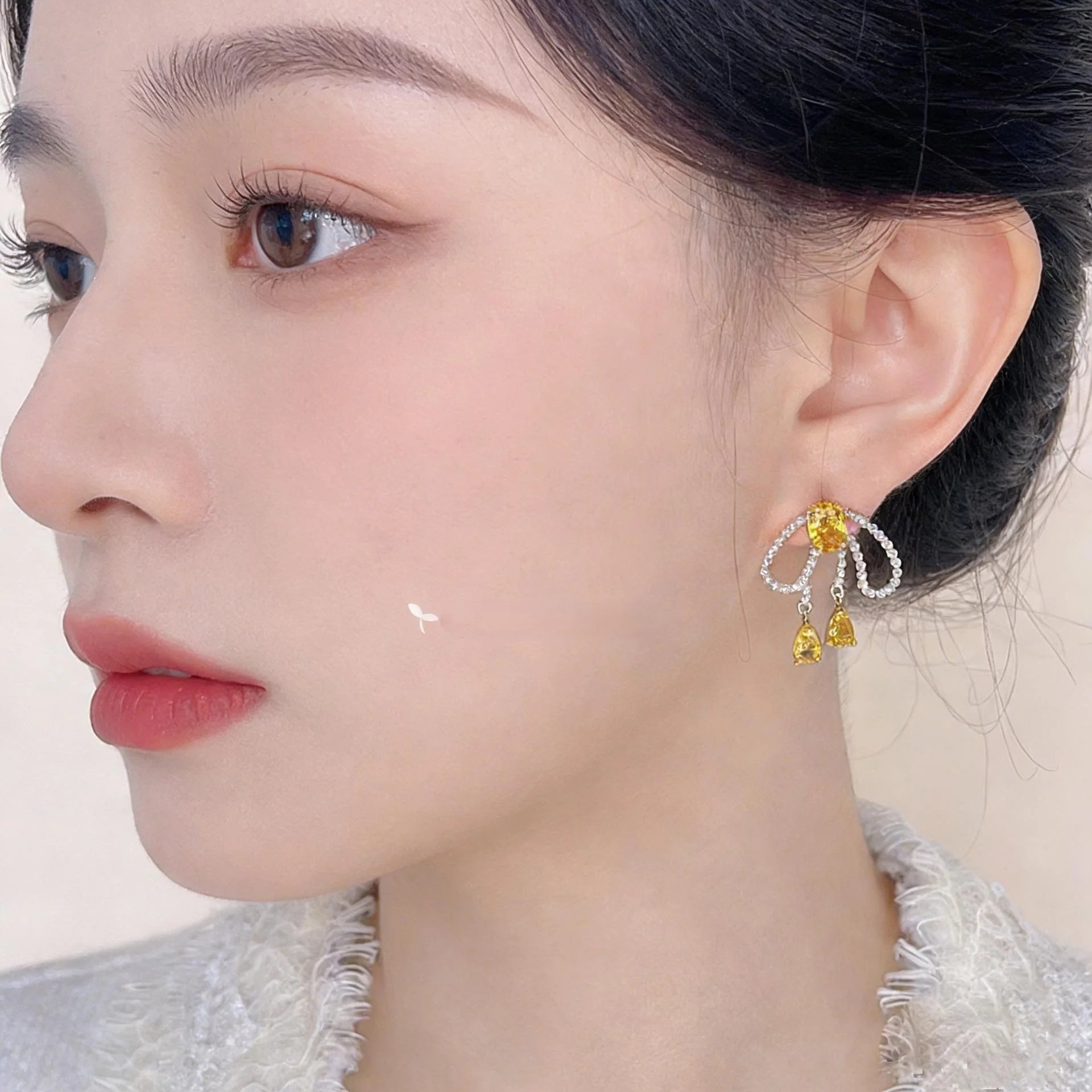 14K Gold Plated Copper Zircon Inlaid Pearl Bow Drop Earrings Vintage Minimalist Style