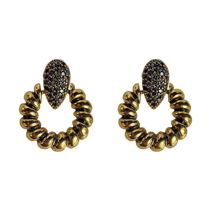 Vintage Oxidized Copper Micro Pave Zircon Oval Geometric Drop Earrings
