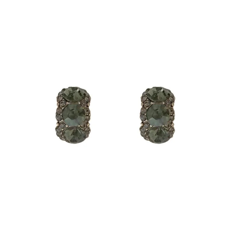 Antique Gold Plated Copper Geometric Ring Stud Earrings With Olive Green Crystal Accents