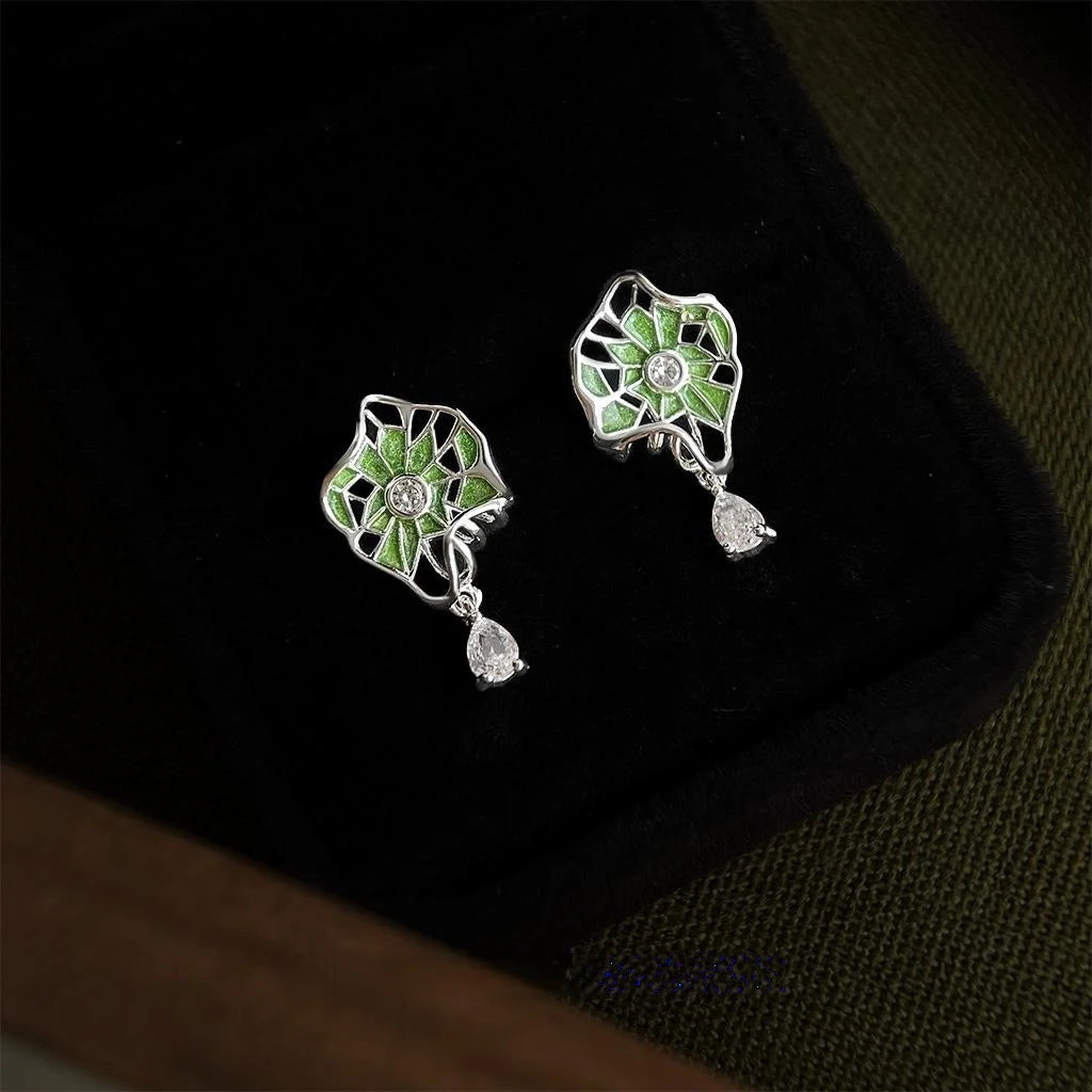 Niche Original Design Micro Pave Zircon Enamel Green Lotus Leaf Drop Earrings