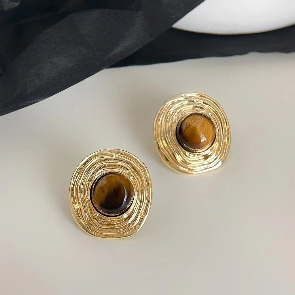 14K Gold Plated Tiger Eye Round Geometric Stud Earrings For Women Vintage Copper Jewelry