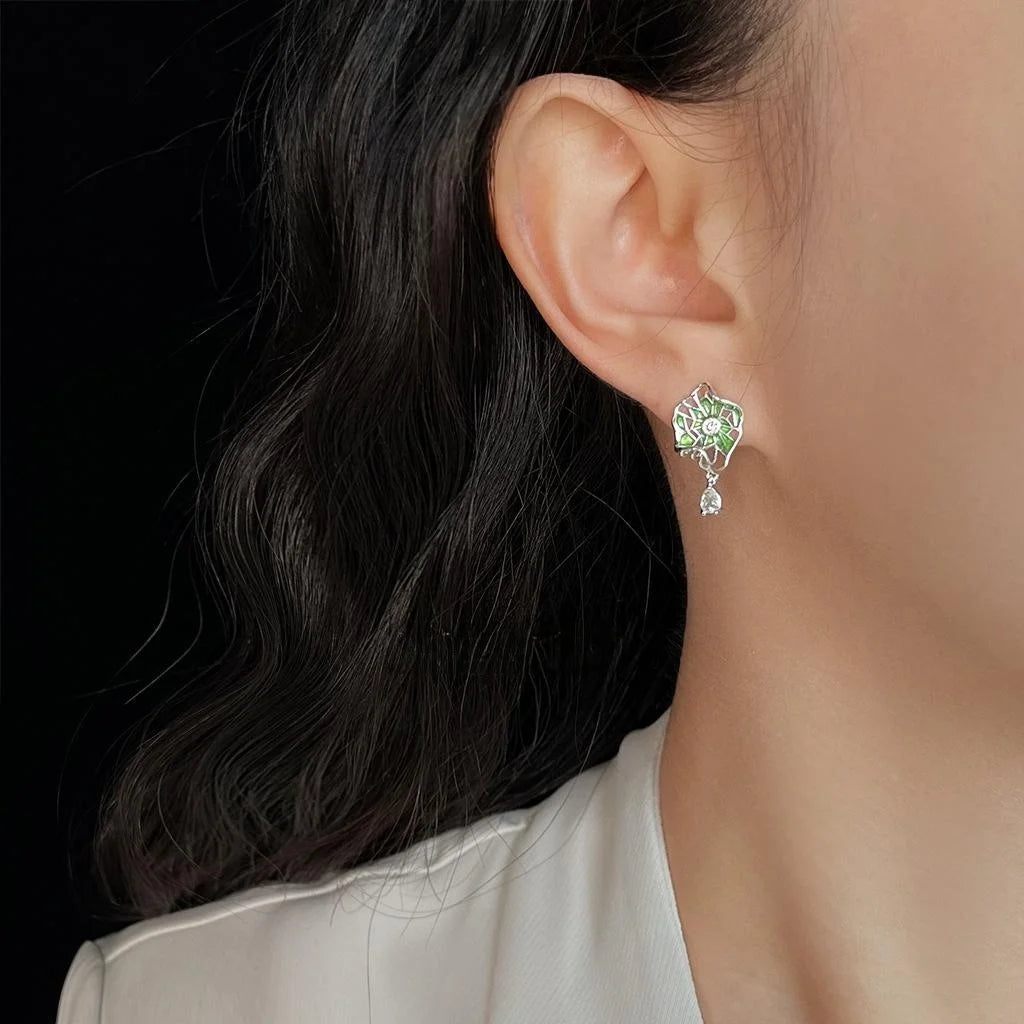 Niche Original Design Micro Pave Zircon Enamel Green Lotus Leaf Drop Earrings