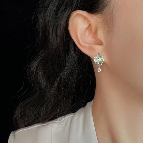 Niche Original Design Micro Pave Zircon Enamel Green Lotus Leaf Drop Earrings